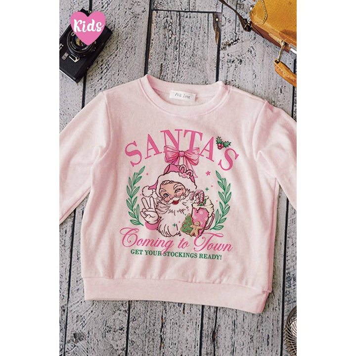 Kids Santa Christmas print soft long sleeve top: PINK / 910