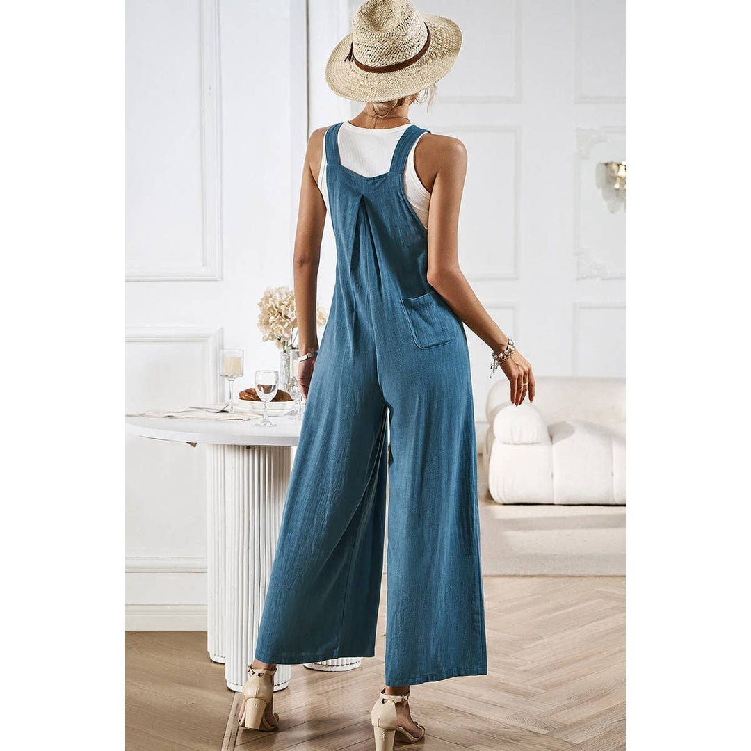 Button Detail Wide Leg Overall Pockets Jumpsuit: BEIGE / M