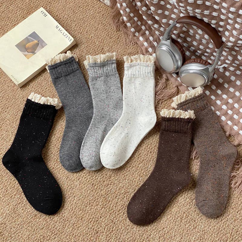 Retro lace dot yarn mid-tube women's socks soft waxy socks: Gray