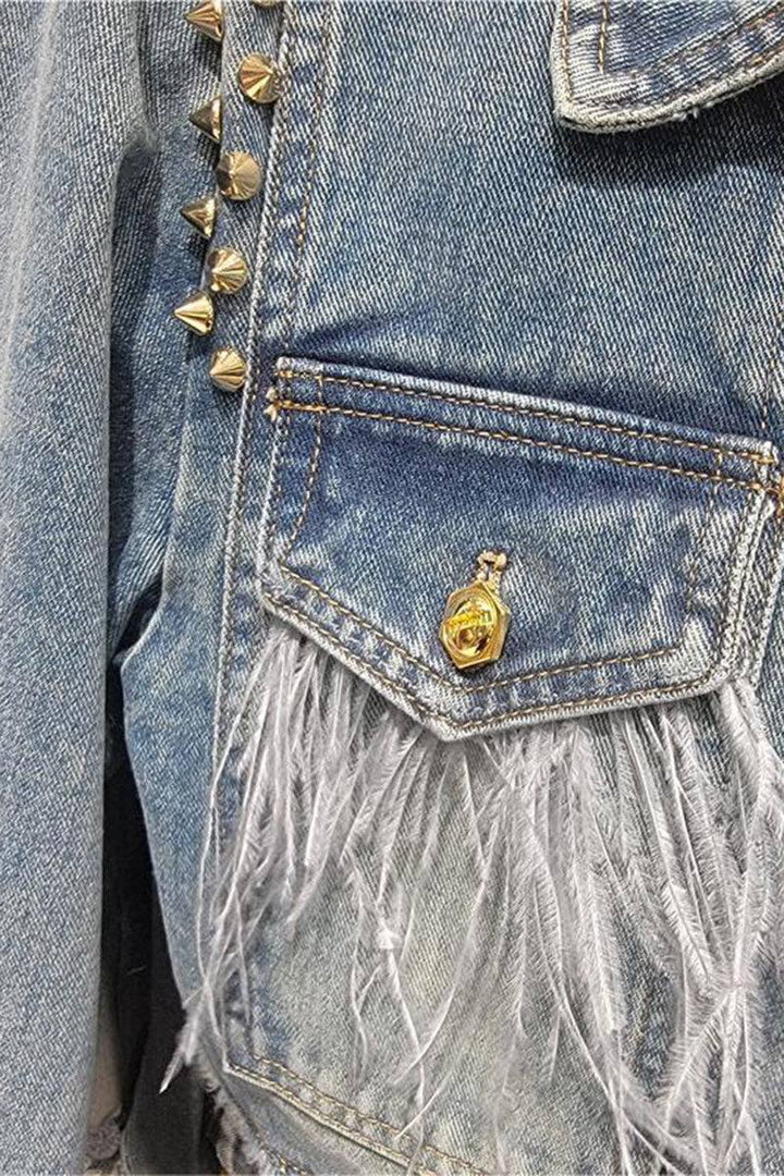 Fringe Embellished Denim Jacket: LIGHT BLUE