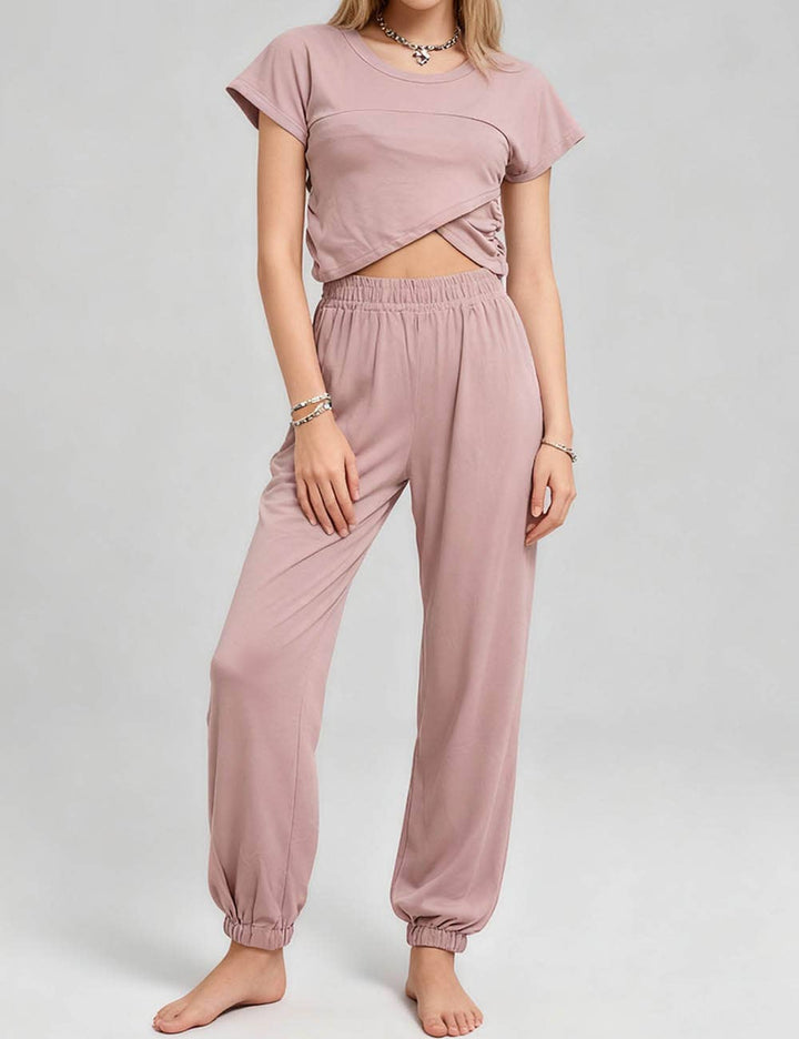 Ladies Solid Color Crop Top and Pants Set