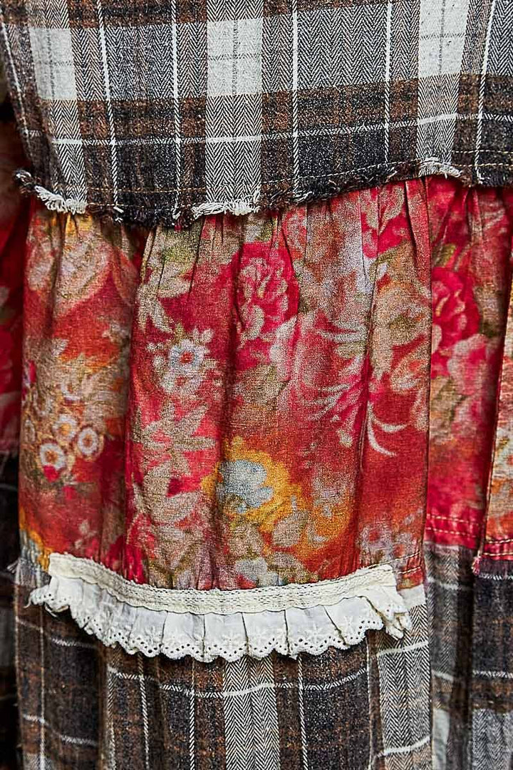 Floral Print Ruffle Trim Patchwork Plaid Wide Leg Pants