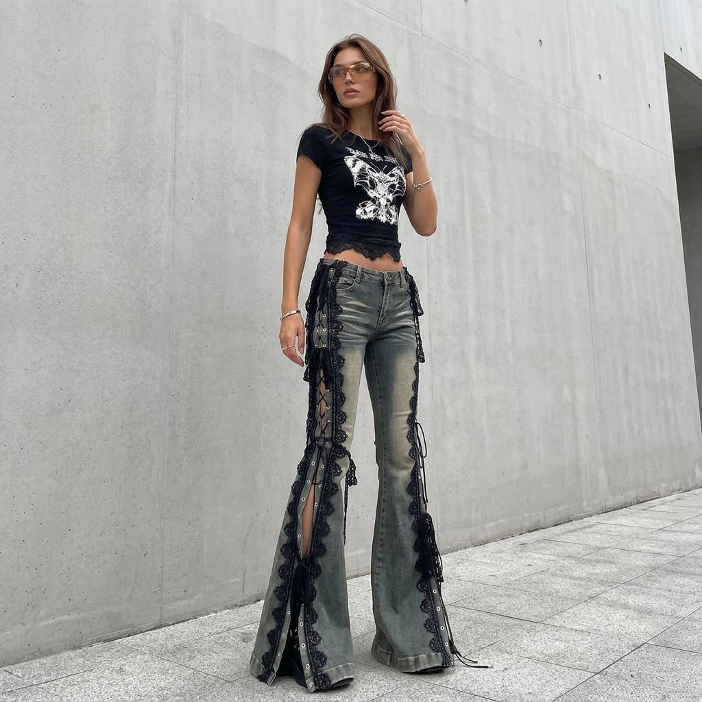 Punk Rock Lace-Up Flare Jeans - Grey Wash
