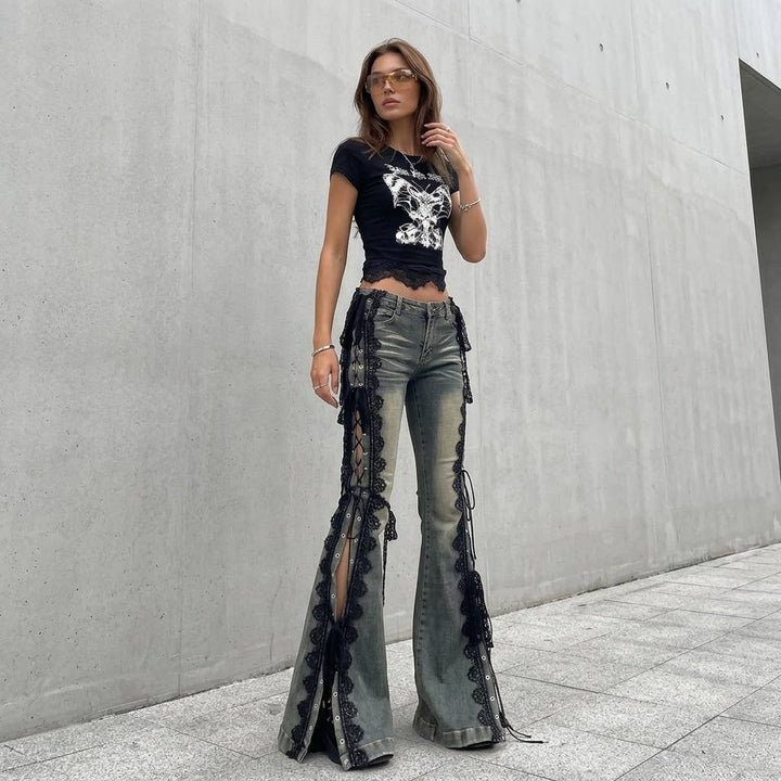 Punk Rock Lace-Up Flare Jeans - Grey Wash