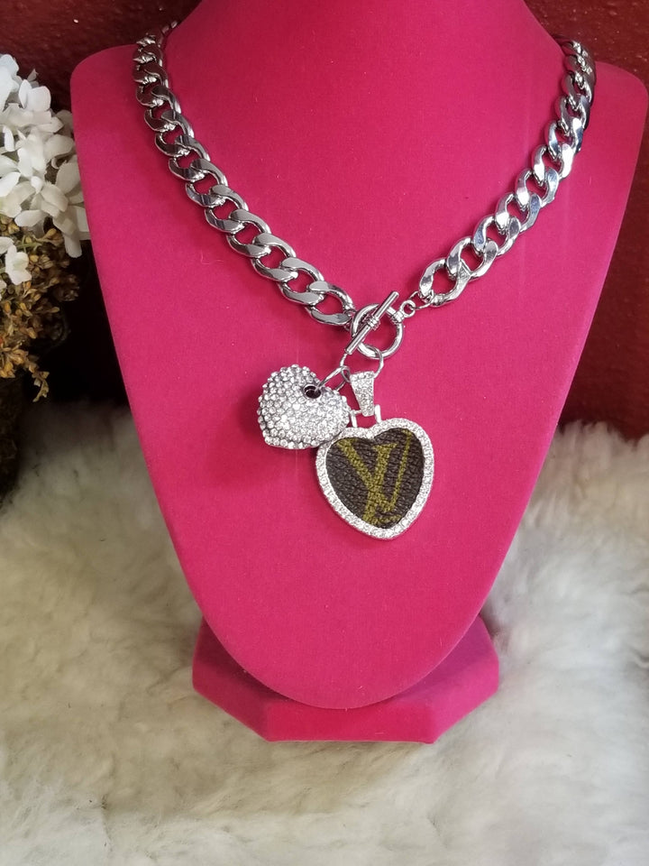 Authentic upcycled canvas Chunky gold chain necklace w heart