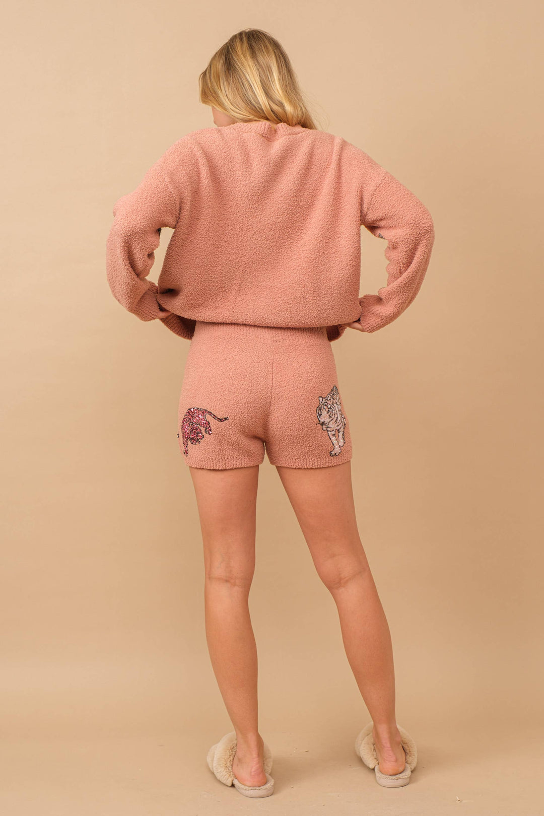 34242SET-Cozy Multi Tiger Sequin op with Matching Shorts: HOT PINK / M