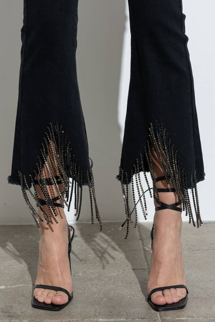 1365P - RHINESTONE FRINGE DENIM PANTS: BLACK / SMALL