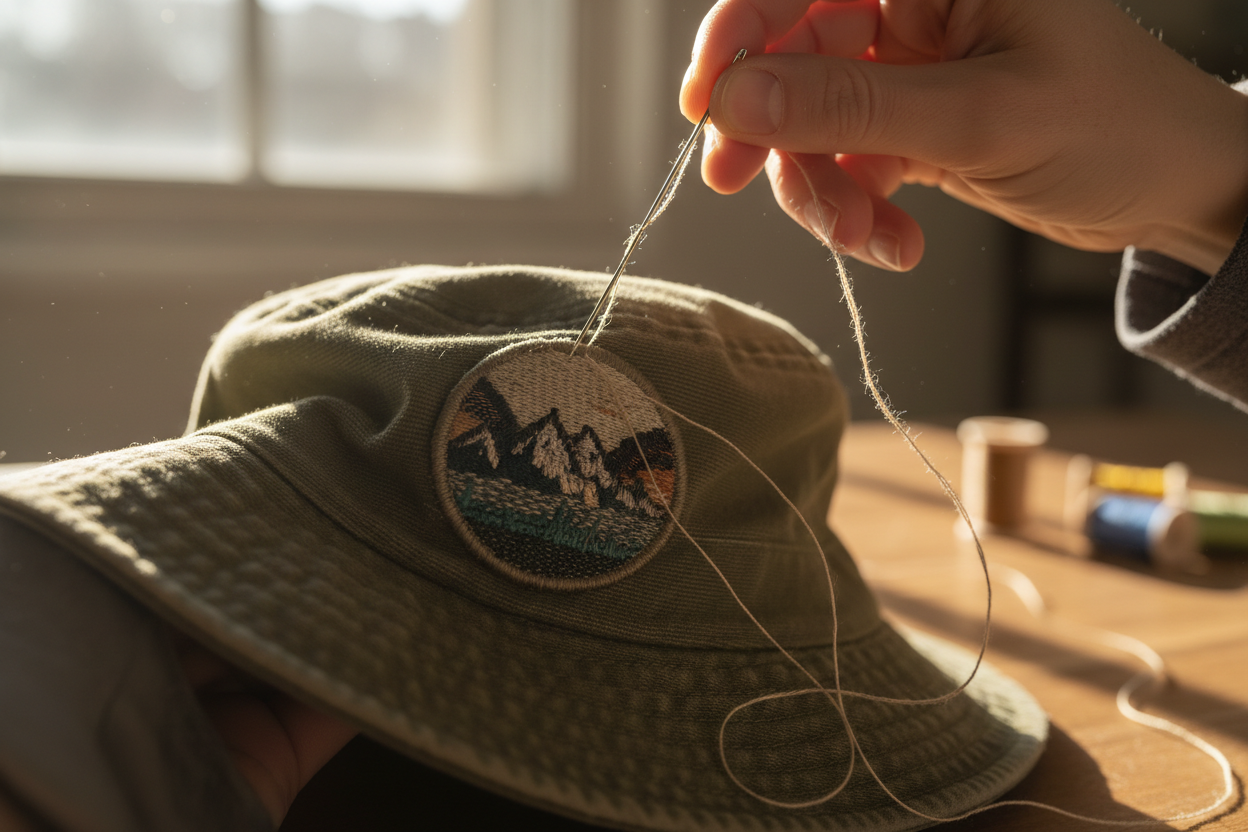 1 hat having a patch being sewed on