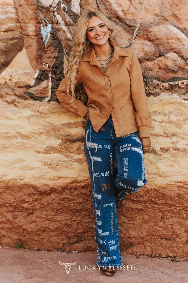 Dark Wash Western Printed High Rise Wide Leg Jeans