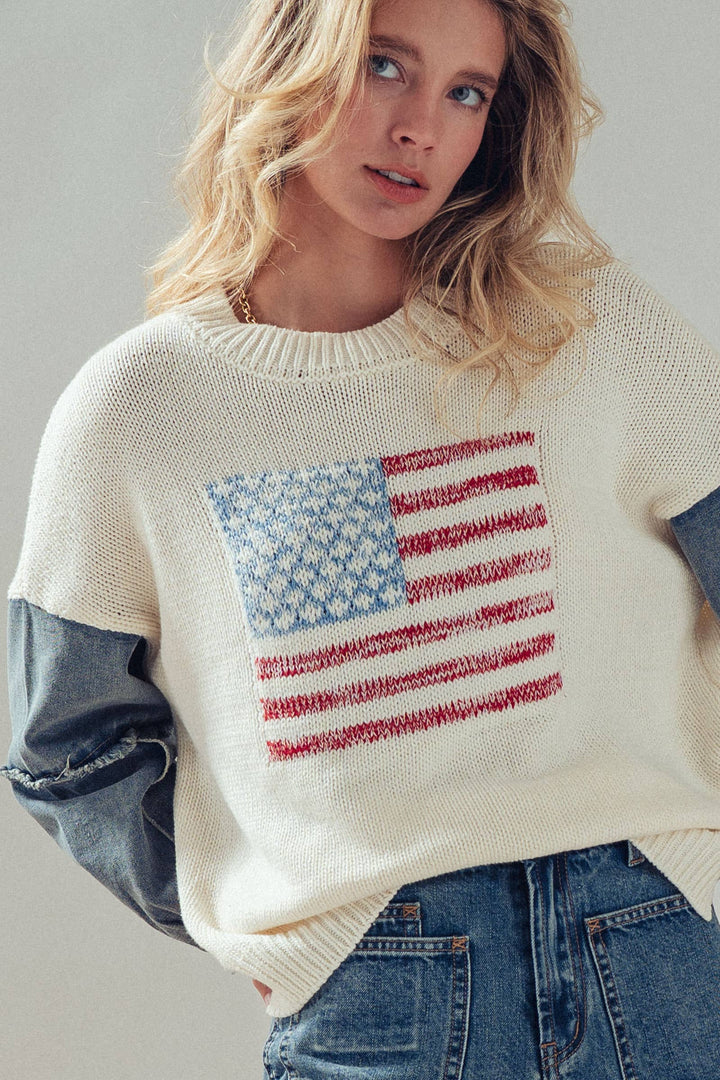 American Flag Mixed Media Denim Sleeve Sweater: IVORY / S-M-L:2-2-2