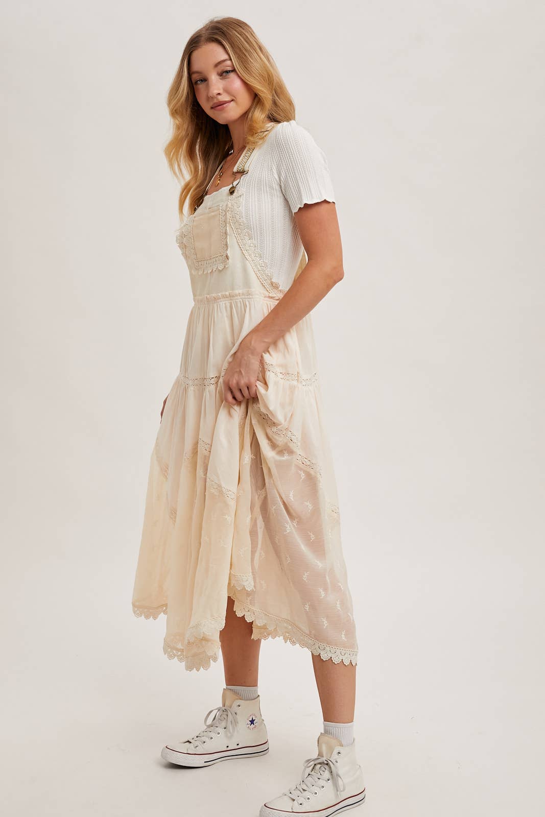 LACE EMBROIDERED TULLE BIB MAXI DRESS: ASH / L