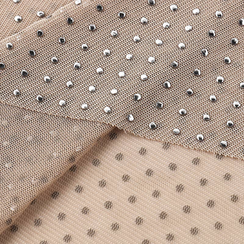 Sexy y2k rhinestone sheer top mesh long-sleeves t-shirt: Flesh / S