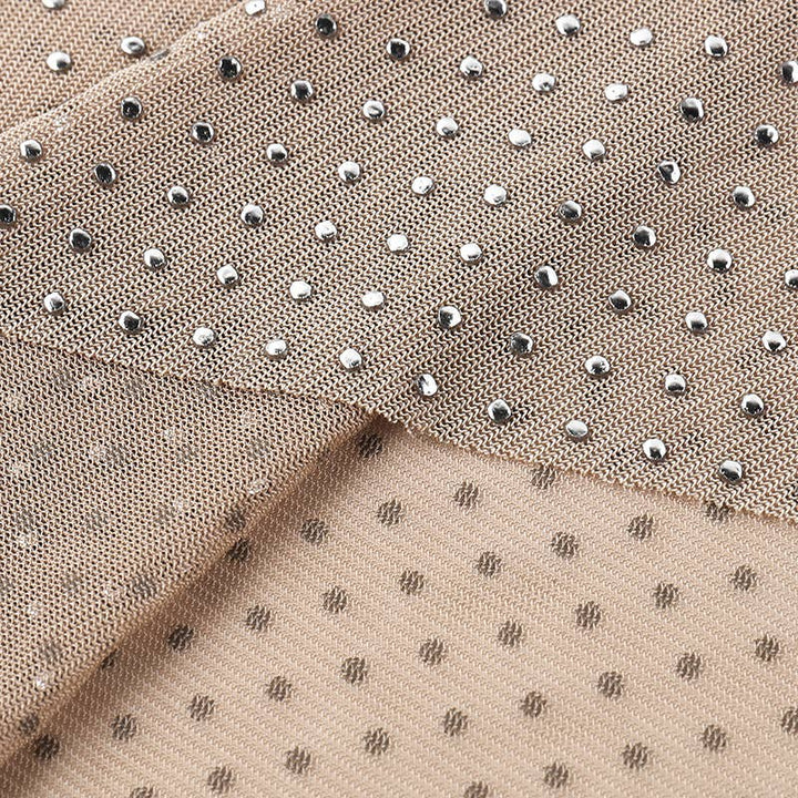 Sexy y2k rhinestone sheer top mesh long-sleeves t-shirt: Flesh / S