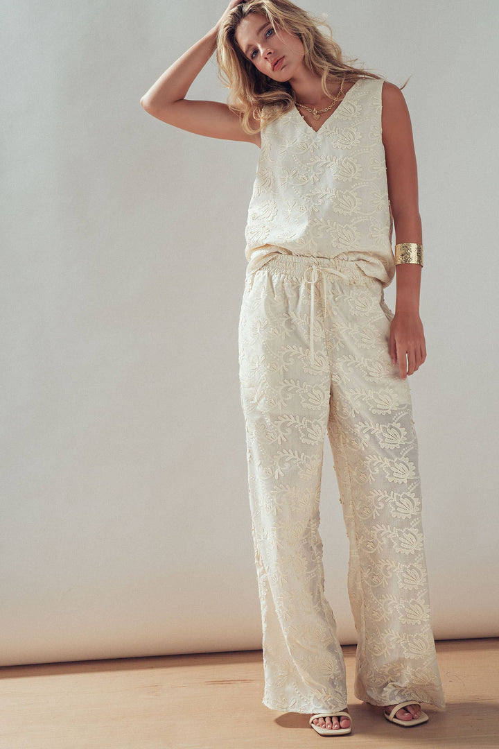 Floral Embroidered Cotton Top And Pant Set: IVORY