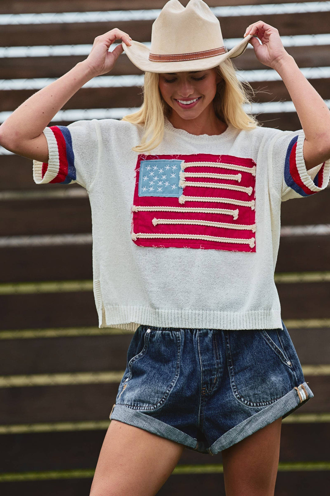 American Flag Applique Knit Sweater with Stripe