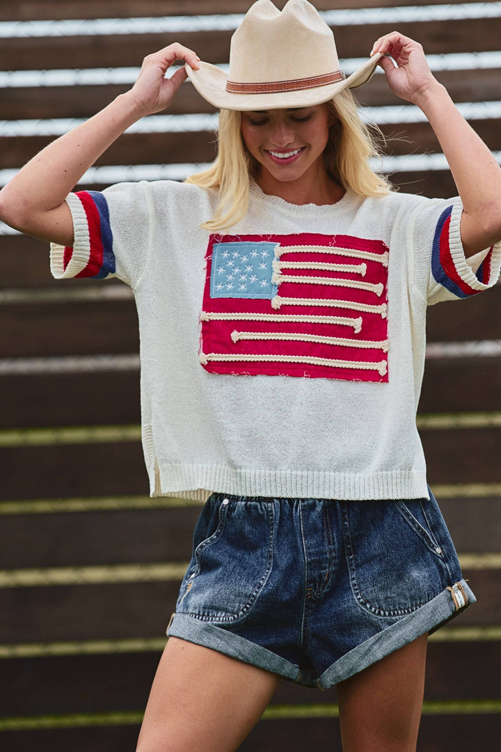 American Flag Applique Knit Sweater with Stripe