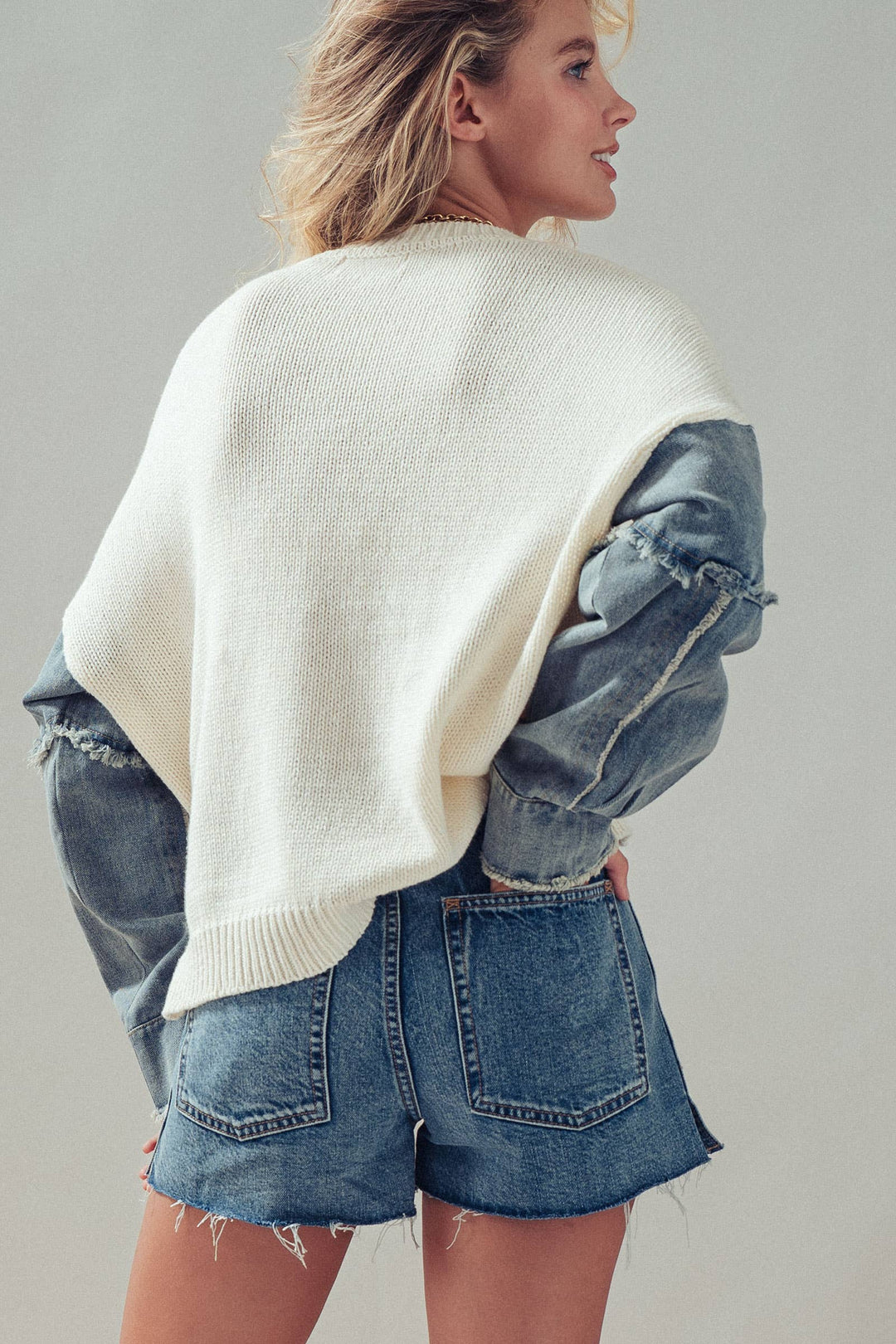 American Flag Mixed Media Denim Sleeve Sweater: IVORY / S-M-L:2-2-2