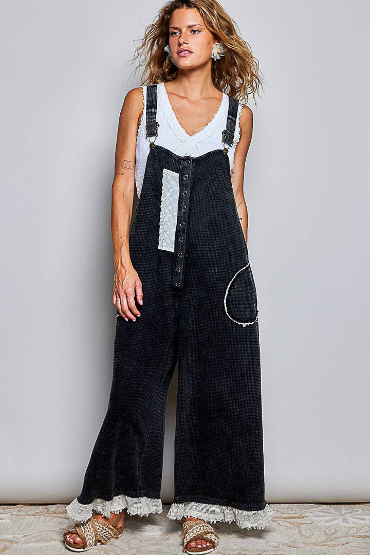 Thermal Cotton Lace Rib Placket Metal Snap Wide Leg Overall