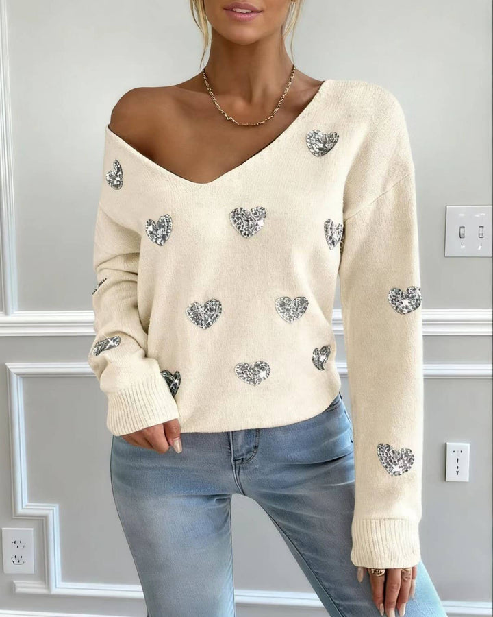 Valentines Sequin Heart Embroidered V-Neck Sweater: White / M