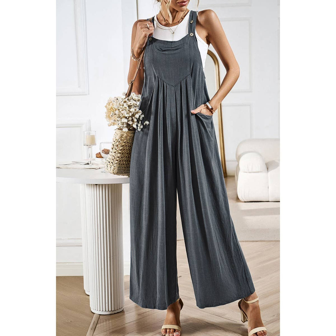 Button Detail Wide Leg Overall Pockets Jumpsuit: BEIGE / M