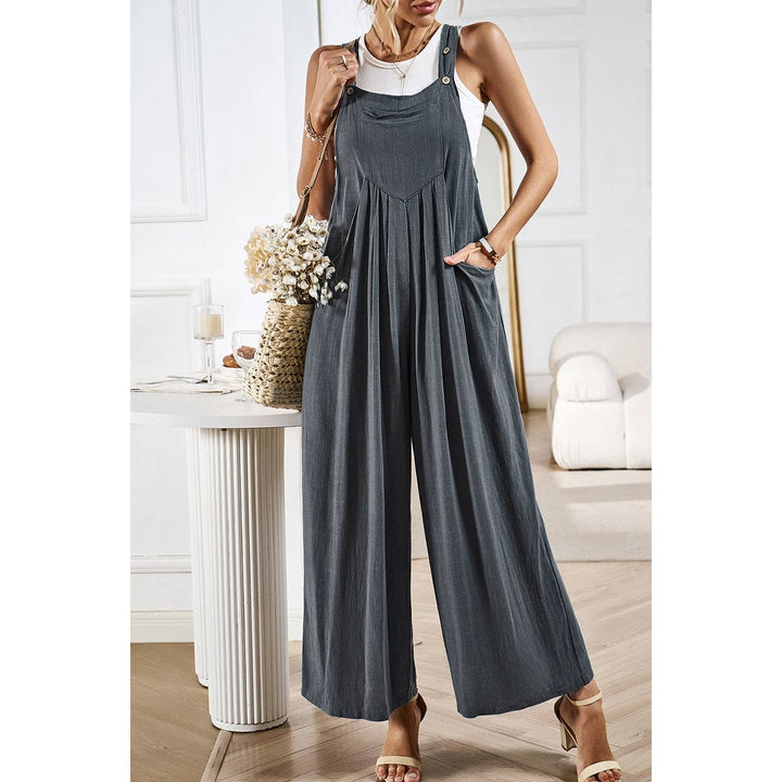 Button Detail Wide Leg Overall Pockets Jumpsuit: BEIGE / M