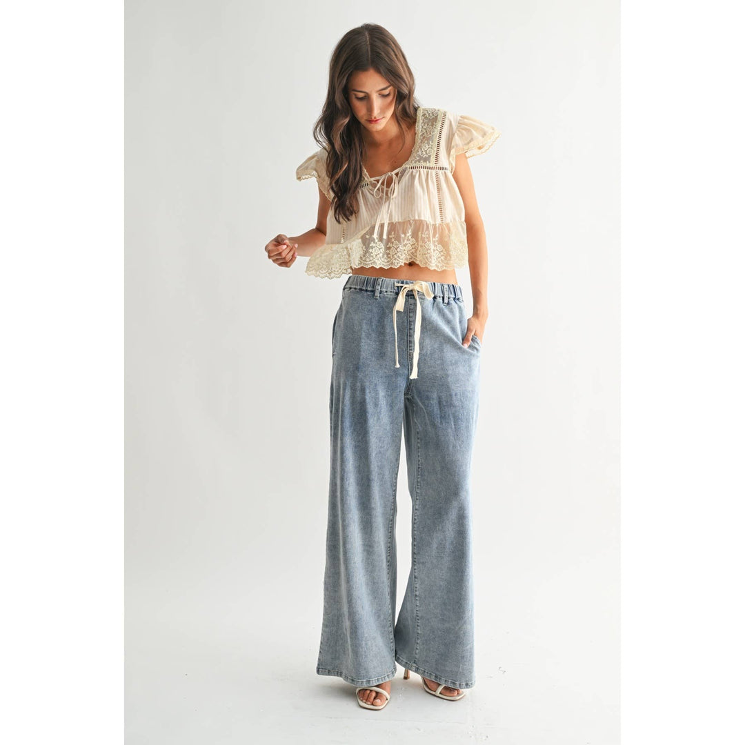 LACE-TRIMMED BLOUSE: SAND / S-M-L(3-2-1)