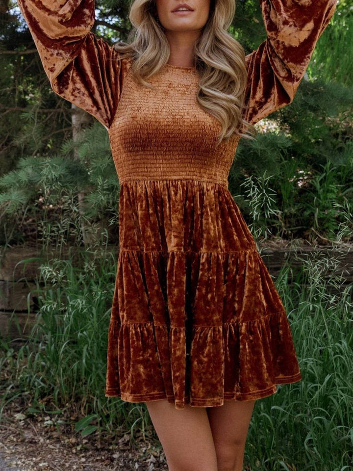 Velvet Ruffled Crewneck Dress: DarkGreen / S