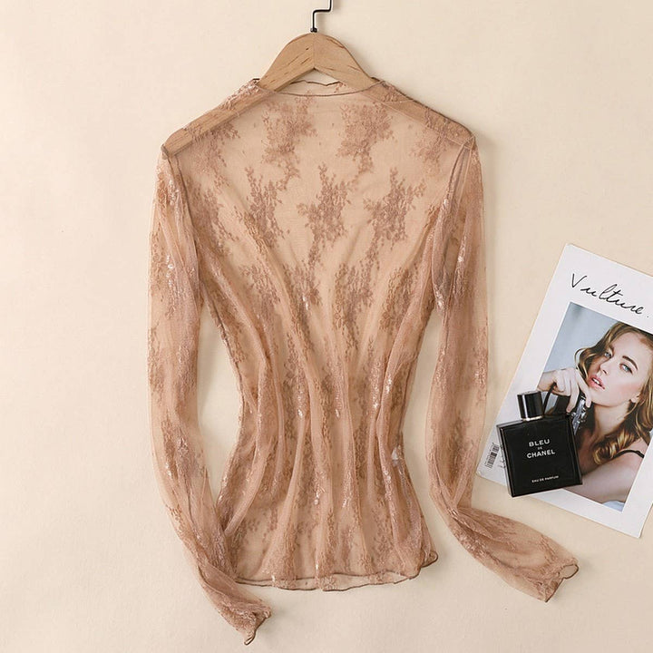 Sexy Mesh Blouse - Long Sleeve Lace Top for Women_CWTBLL3619: Black