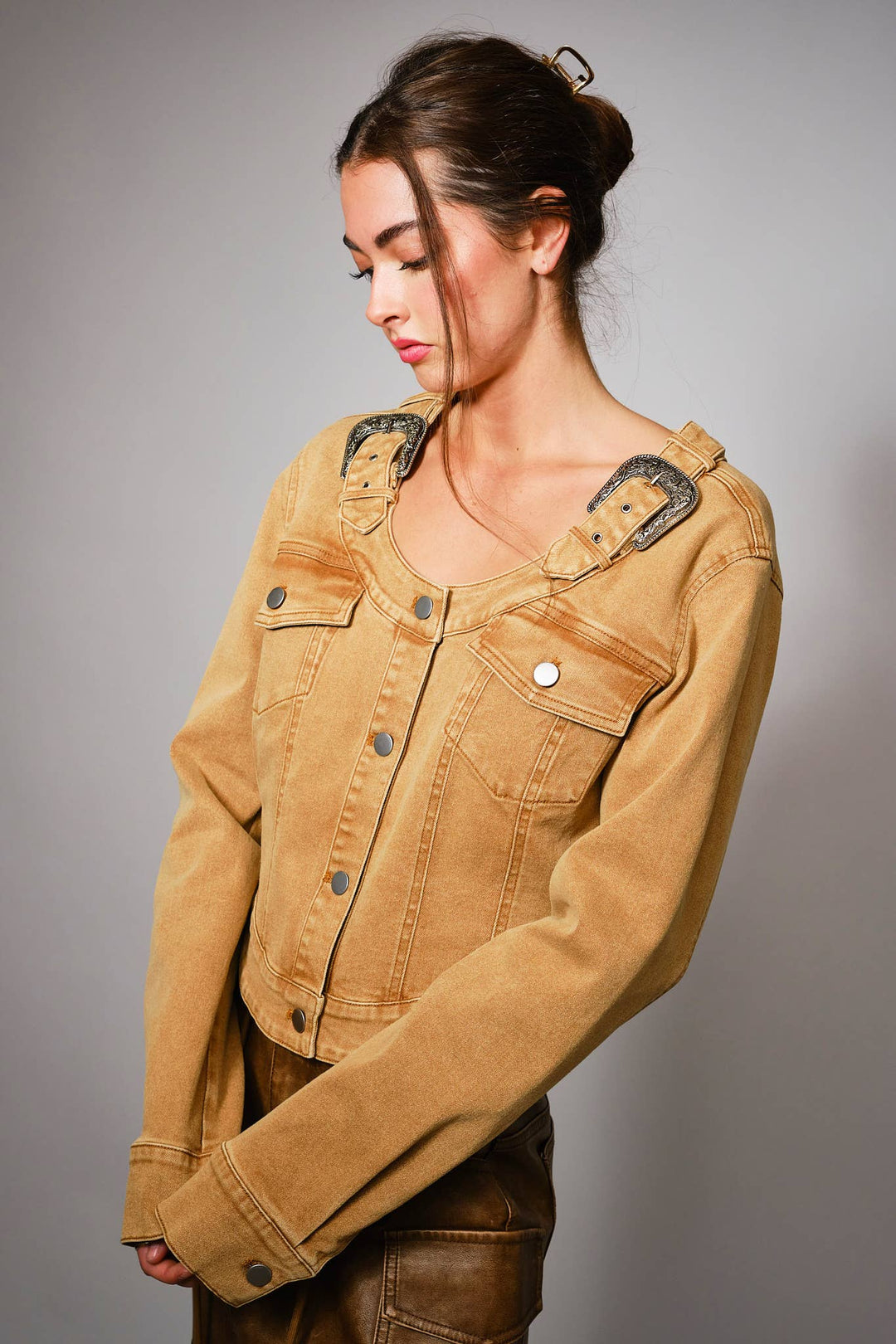 52151J Western Buckle Denim Jacket: WASHED CAMEL / S-M-L (2-2-2)