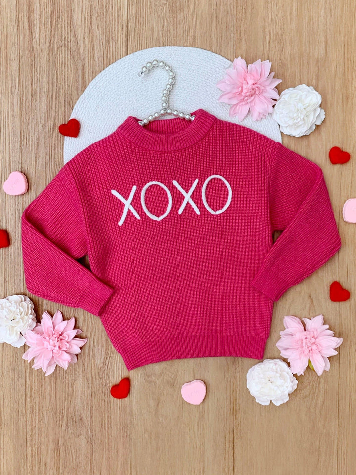 "XOXO" Embroidered Chunky Knit Sweater: Pink / 2T