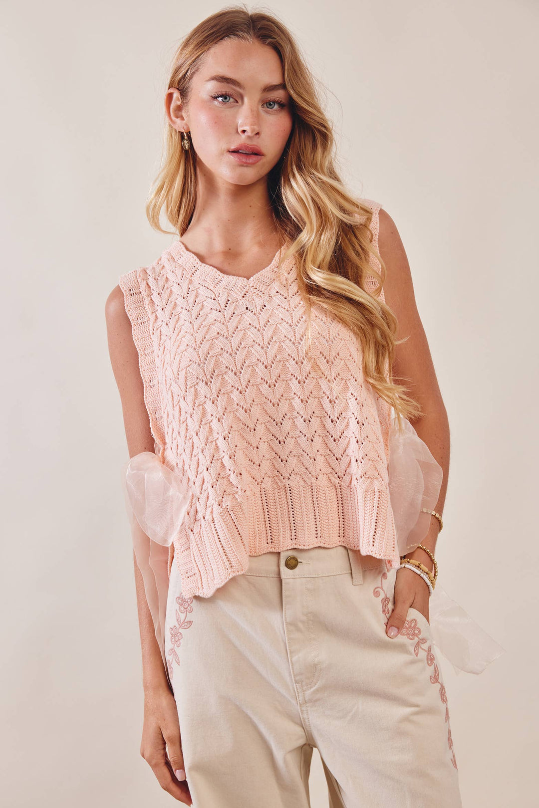Pointelle Knit Ribbon-Tie Vest Top