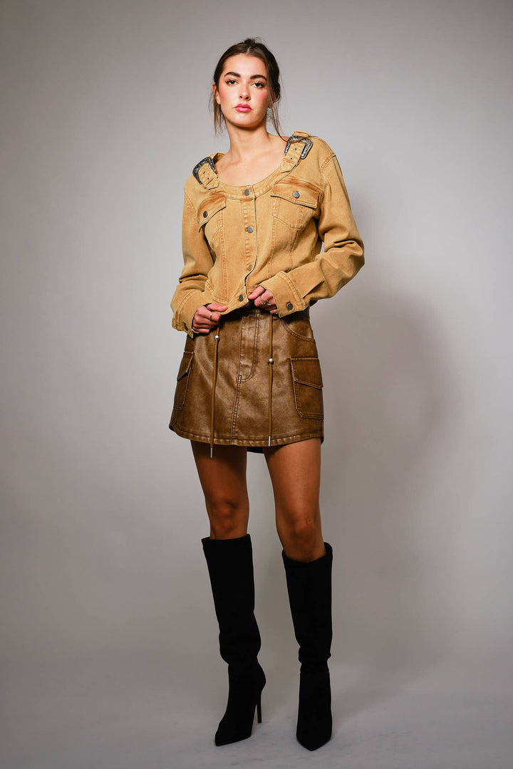 52151J Western Buckle Denim Jacket: WASHED CAMEL / S-M-L (2-2-2)