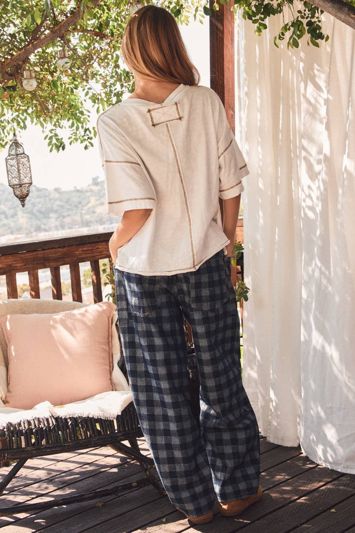 Checkered Patchwork Denim Pants