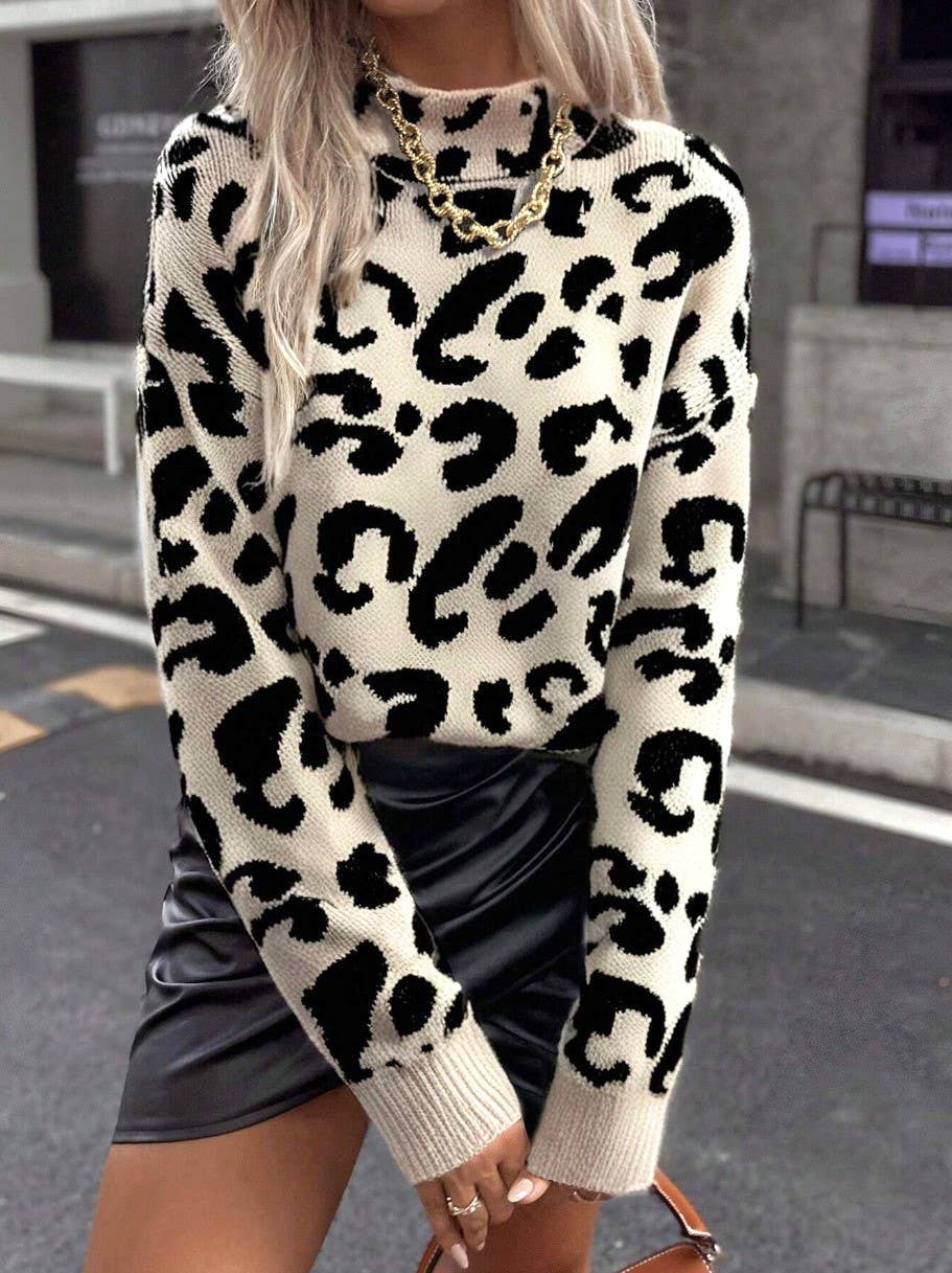 Contrast Trim Wild Leopard Print High Neck Sweater: Red / S