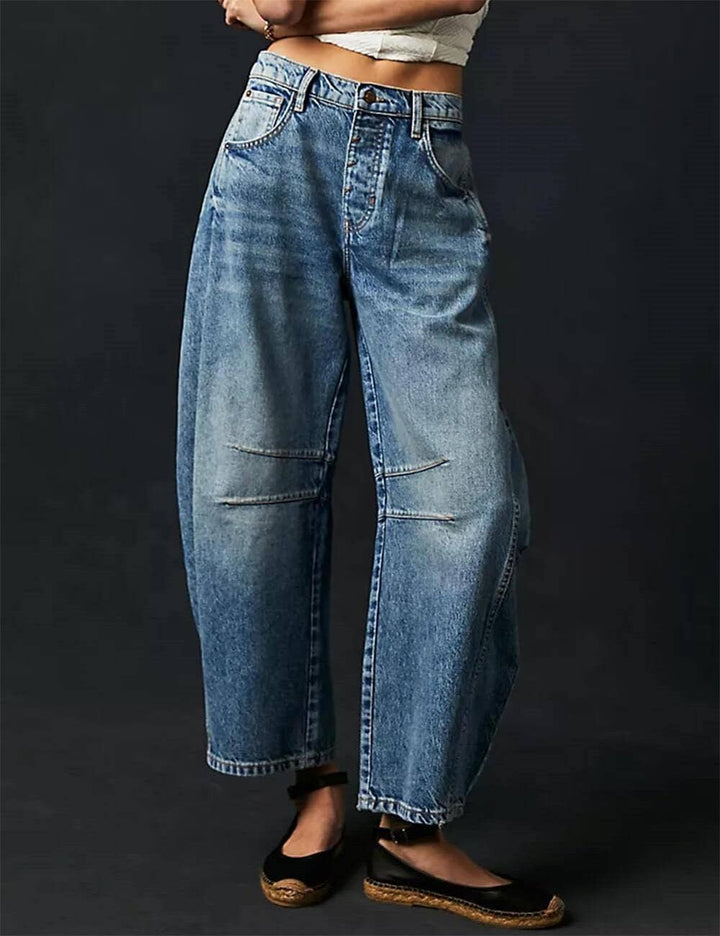 Ladies Mid Rise Wide Leg Barrel Jeans SKP522: Denim Blue / M