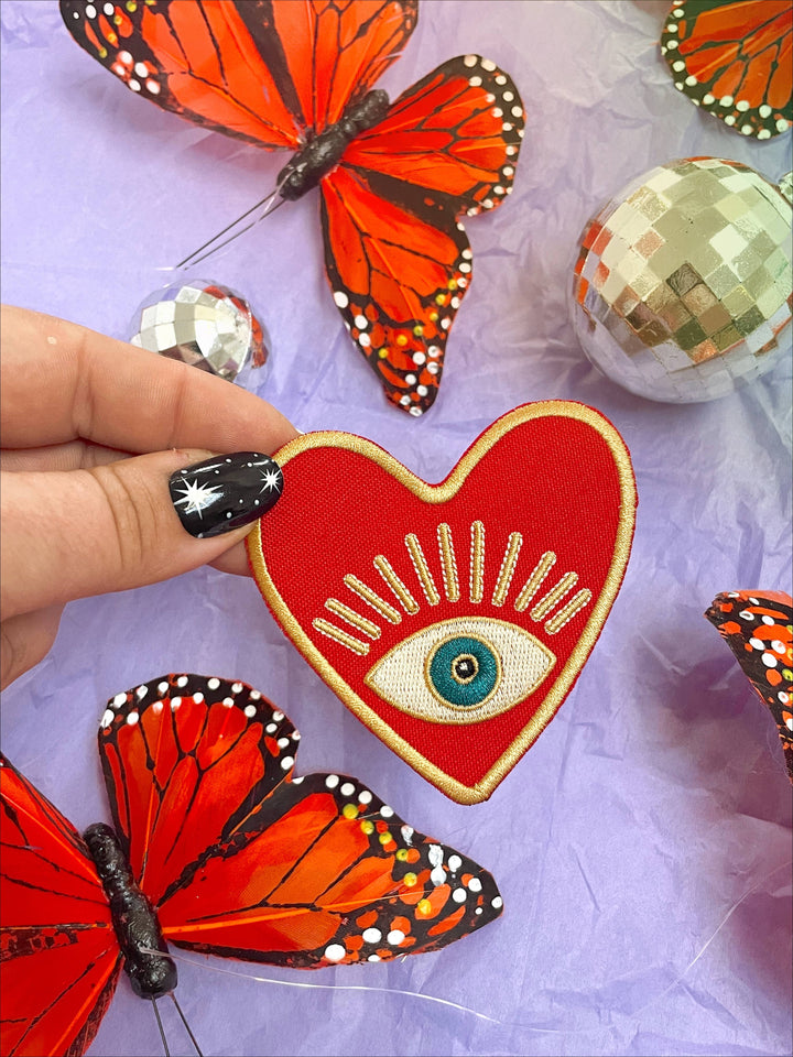 Red Heart Evil Eye Embroidered Iron On Patch - Boho, Trendy