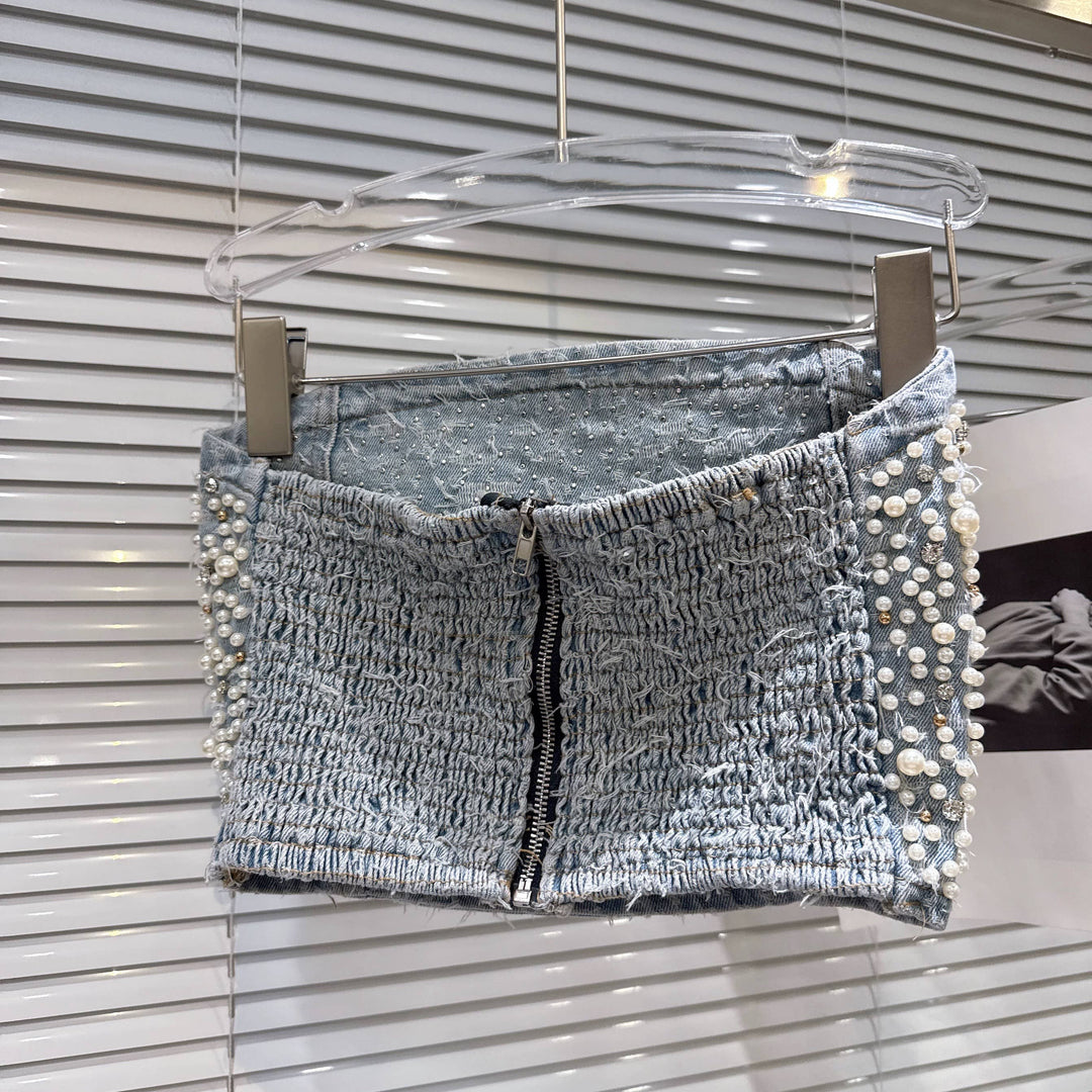 Pearl Beaded Bustier and Vintage Denim Pants Set