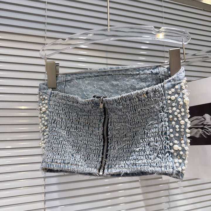 Pearl Beaded Bustier and Vintage Denim Pants Set