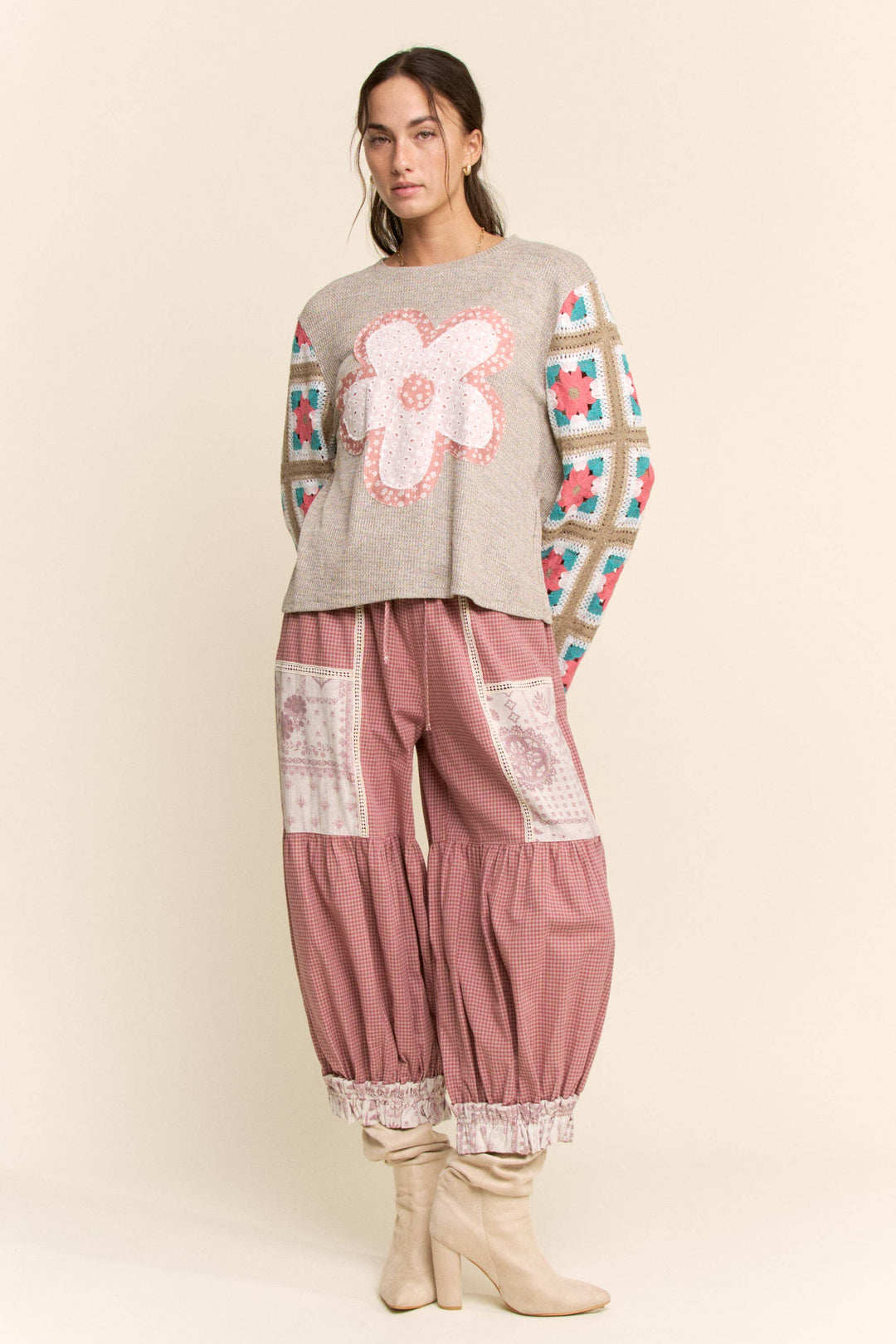CONTRAST PATCHWORK BLOOMER PANTS: Rose Pink