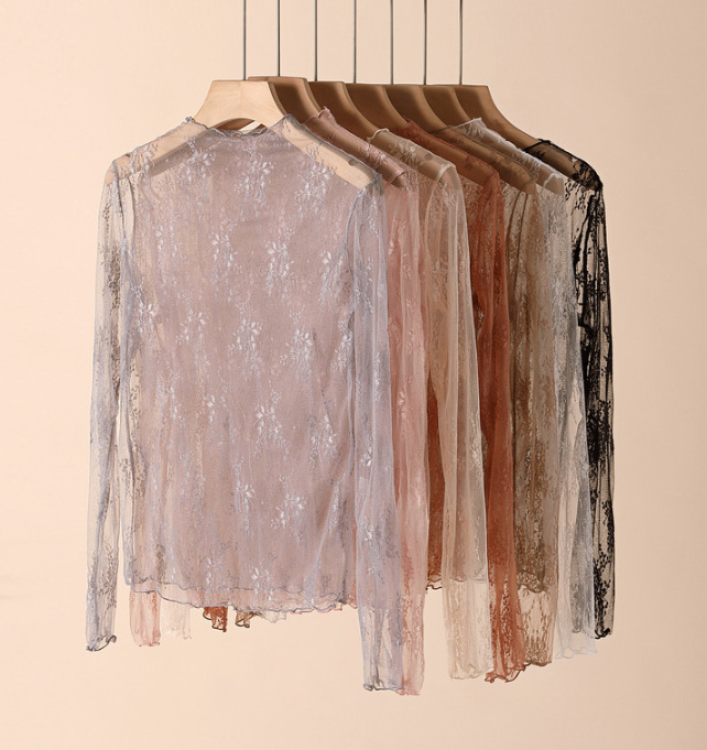 Semi Sheer Mesh Floral Lace Layering See Through Top: Nude / XL