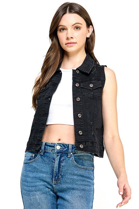 Stretch Denim Vest Distressed