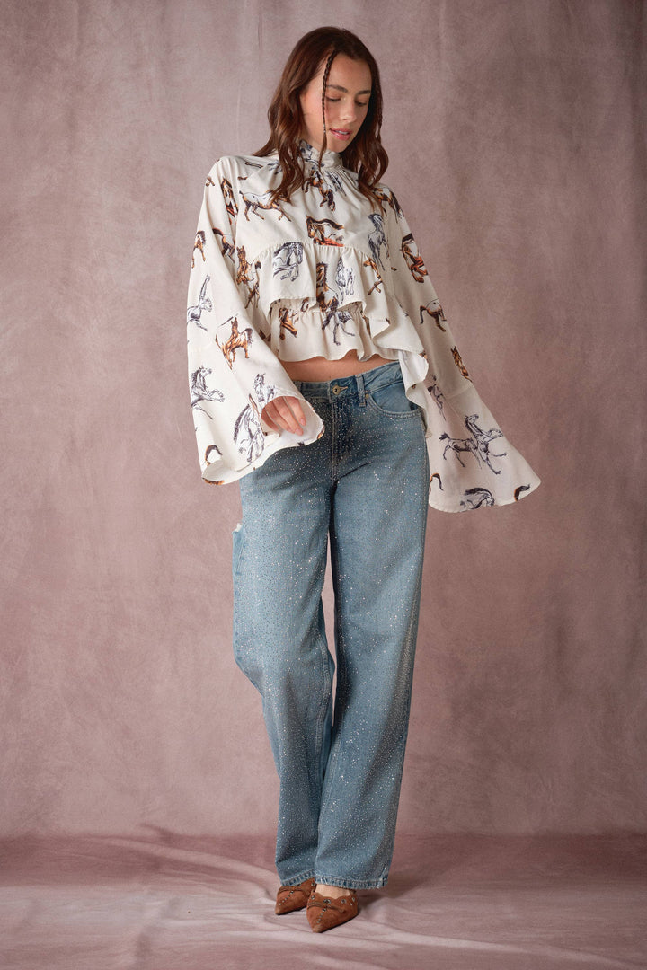 High Neck Horse Print Ruffle Blouse
