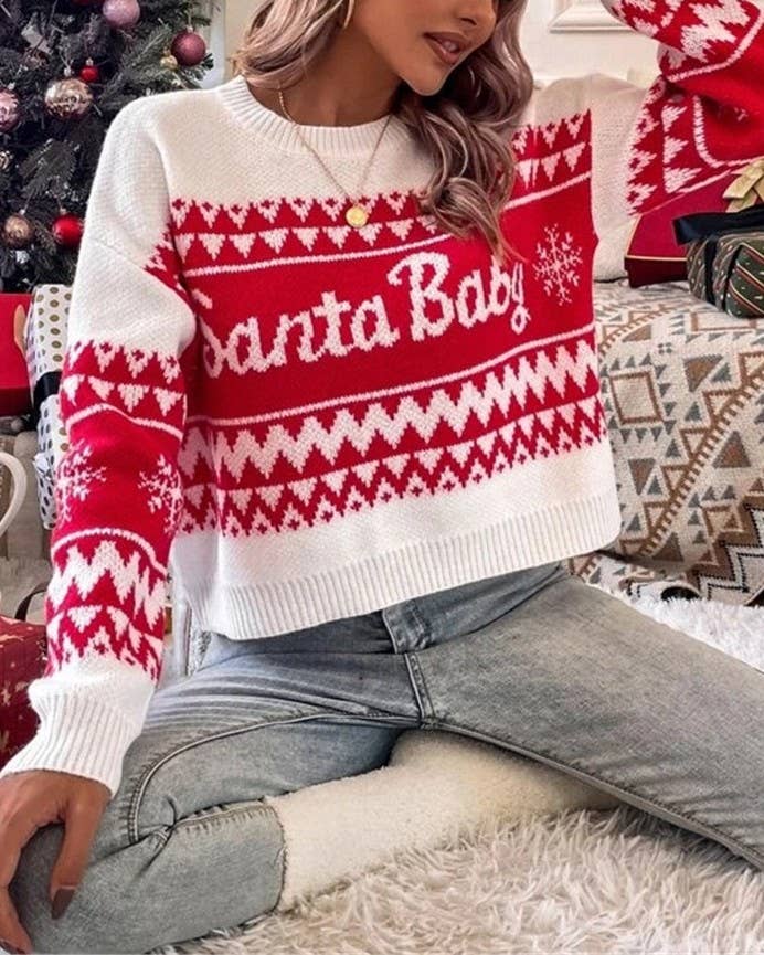 Santa Baby Christmas Knit Pullover Sweater: Red / L