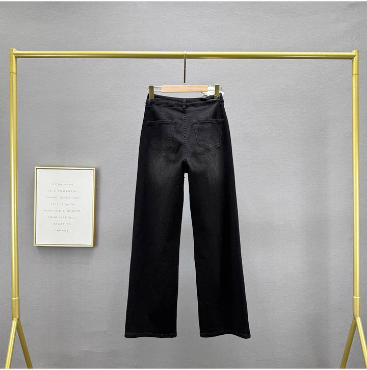 PT41Y Black High Waist Straight Leg Beaded Denim Pants: Color as pictures / English / XS