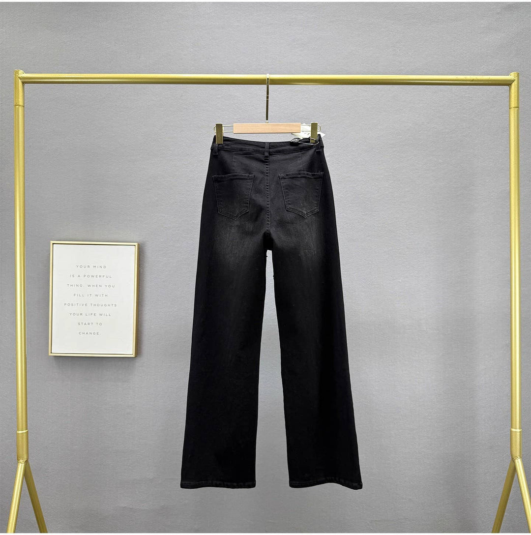 PT41Y Black High Waist Straight Leg Beaded Denim Pants: Color as pictures / English / S