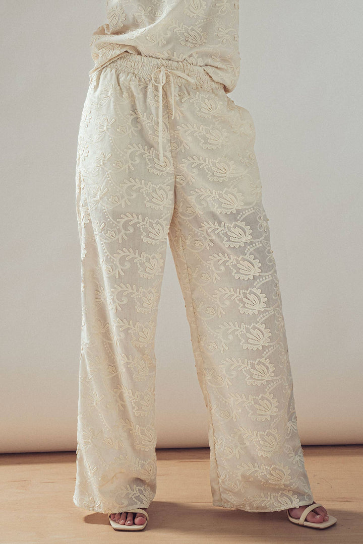 Floral Embroidered Cotton Top And Pant Set: IVORY