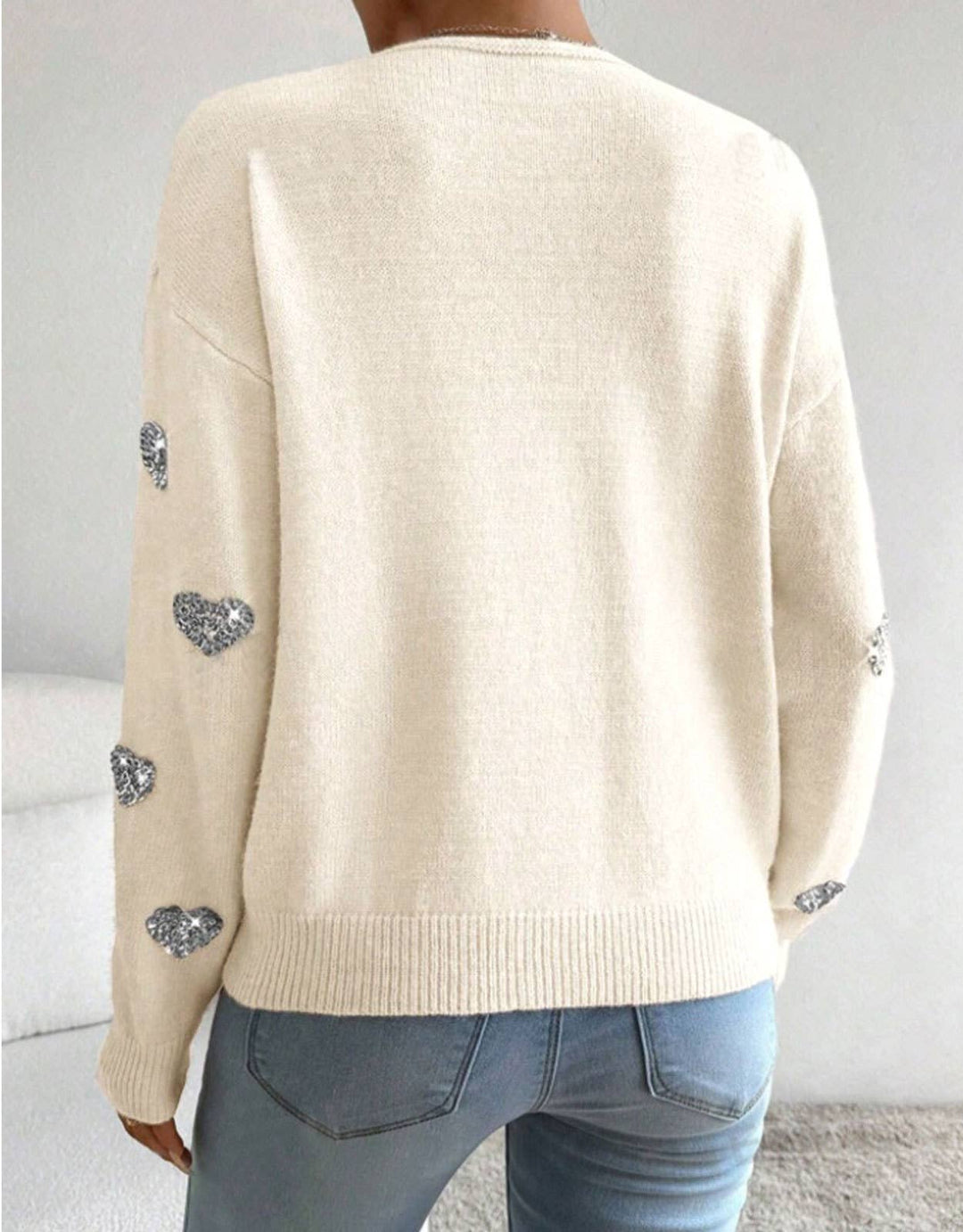 Valentines Sequin Heart Embroidered V-Neck Sweater: White / M