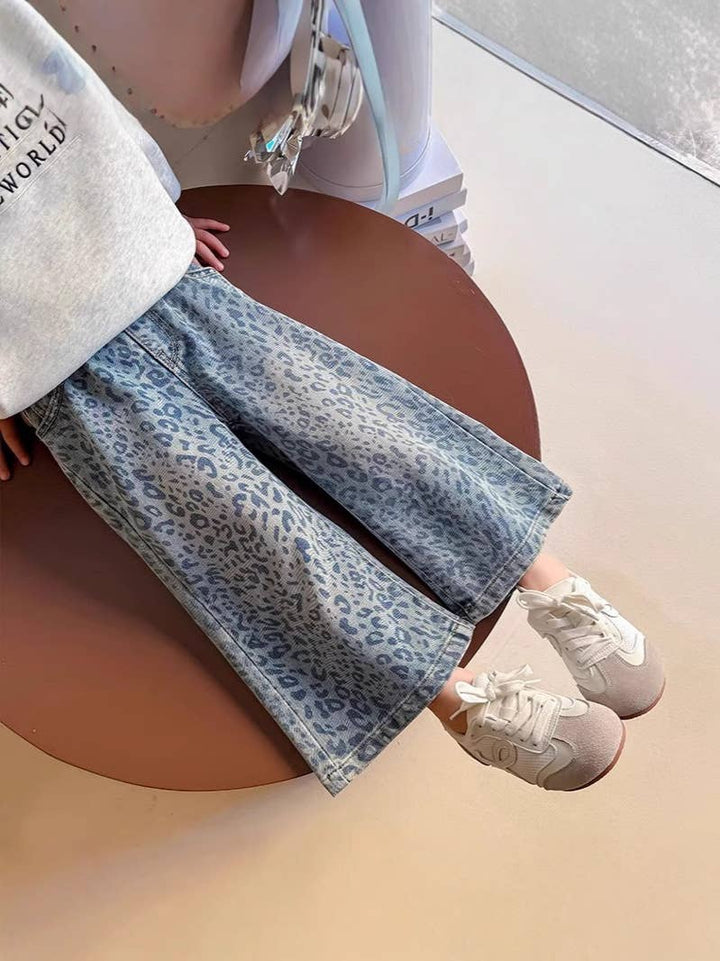 Girls' Blue Leopard Print Denim Wide-Leg Pants (JEANS): Blue / English / 4