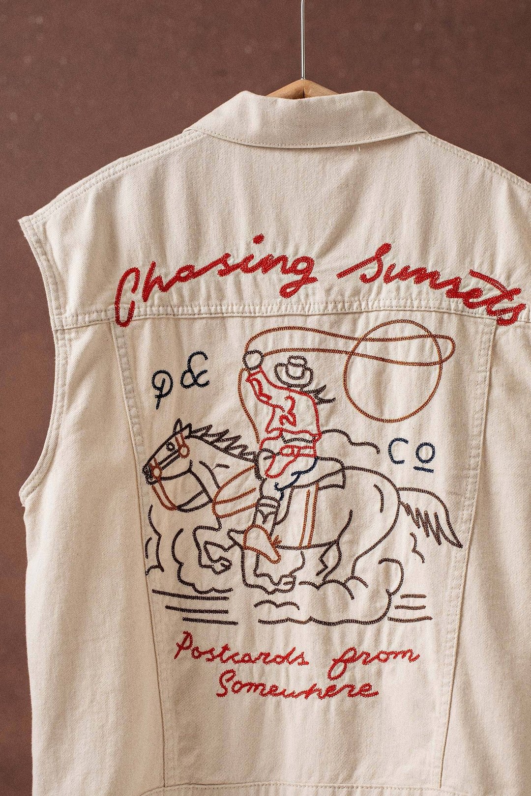 Western Sunset Embroidered Denim Vest: OATMEAL / S-2/M-2/L-2
