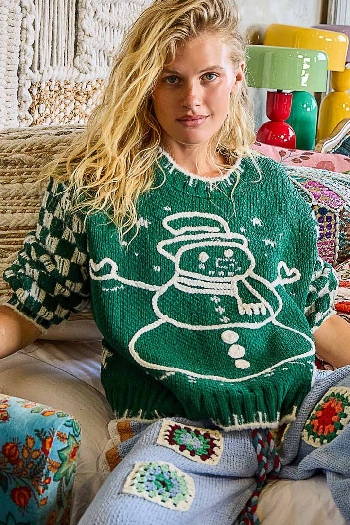 Chenille Snowman Embroidered Plaid Sleeve Sweater Top